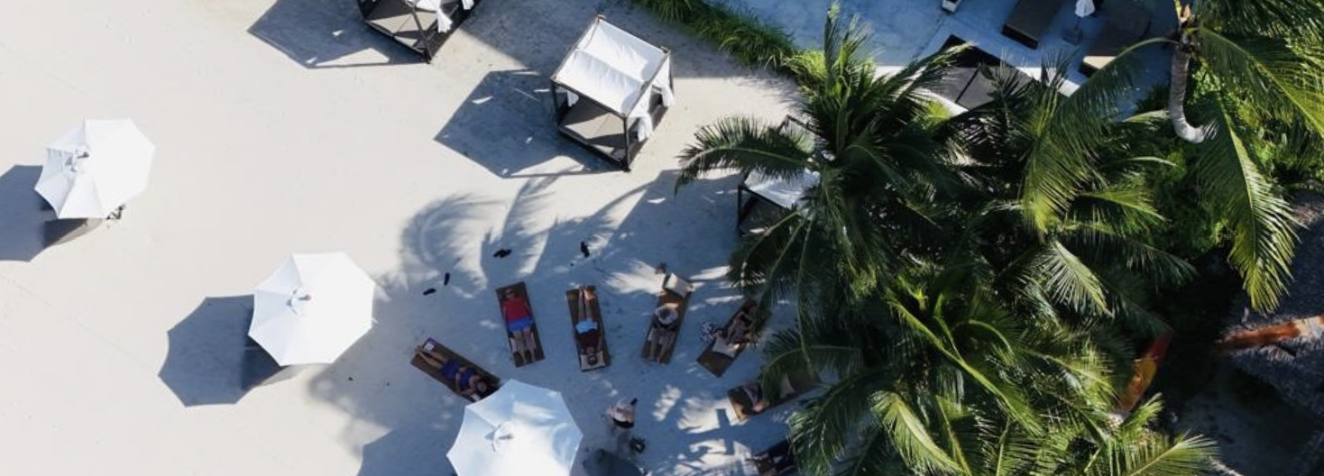 Aerial view of the beachfront resort with sunbeds, umbrellas and palm trees